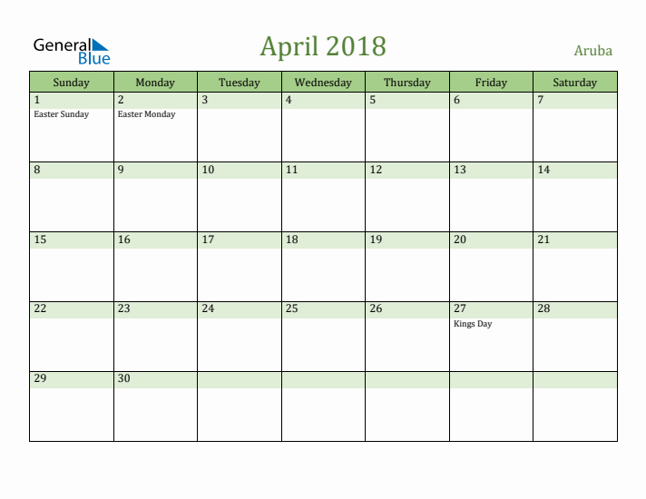April 2018 Calendar with Aruba Holidays