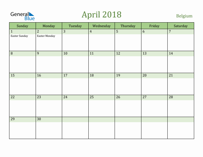April 2018 Calendar with Belgium Holidays