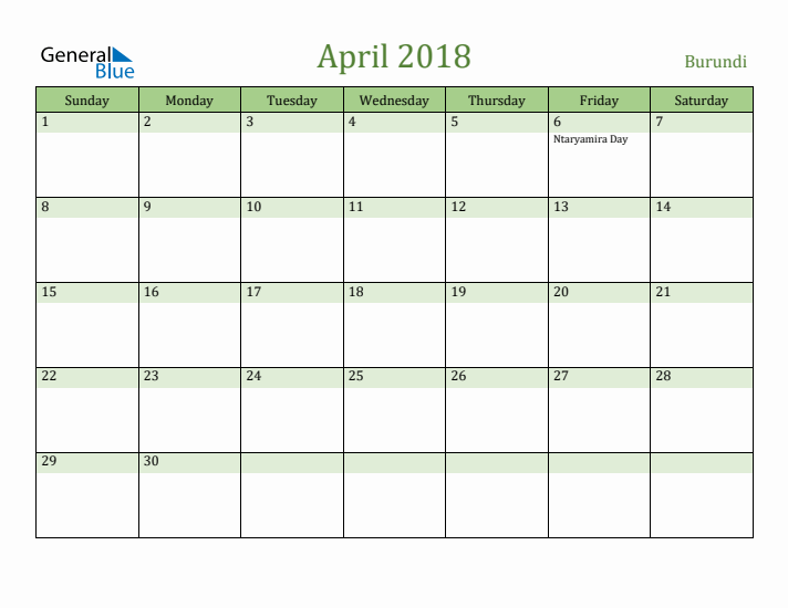 April 2018 Calendar with Burundi Holidays