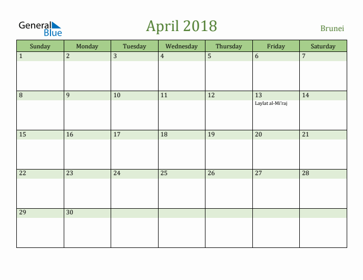 April 2018 Calendar with Brunei Holidays