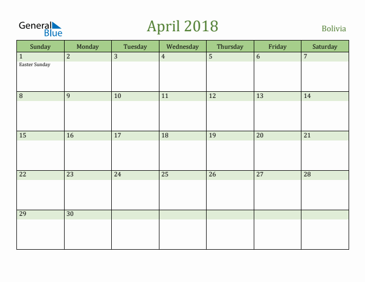 April 2018 Calendar with Bolivia Holidays
