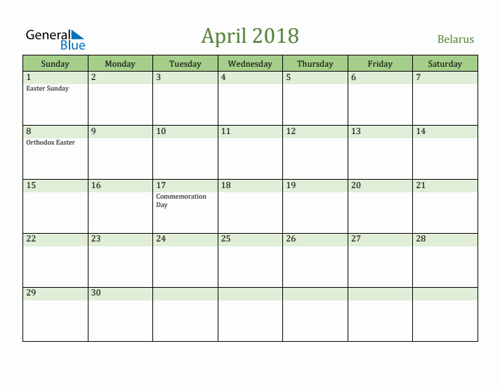 April 2018 Calendar with Belarus Holidays
