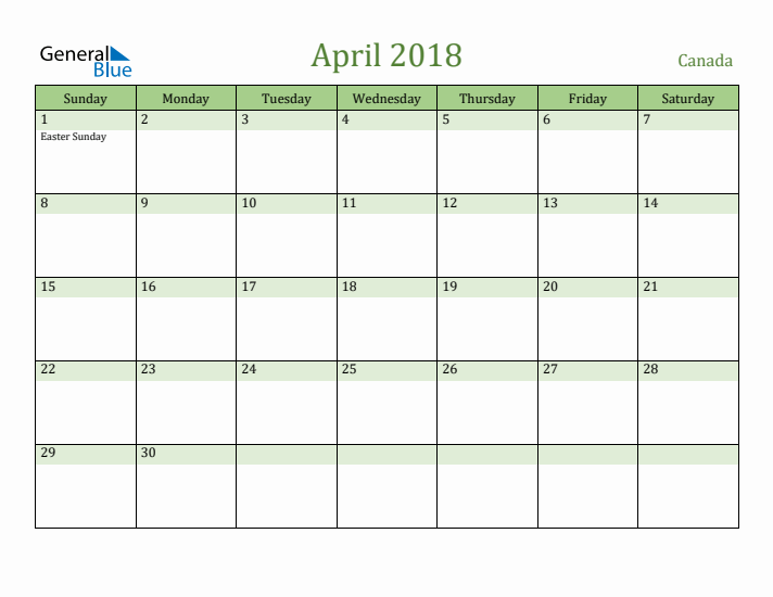 April 2018 Calendar with Canada Holidays