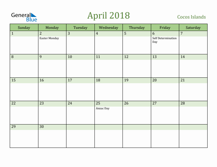 April 2018 Calendar with Cocos Islands Holidays