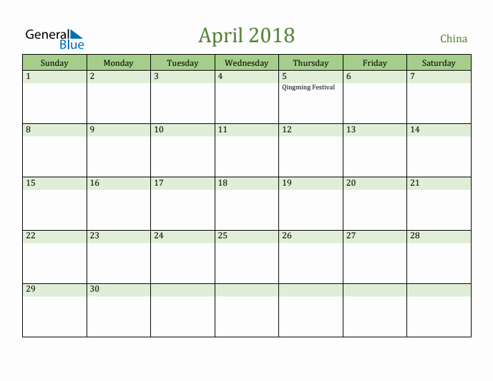 April 2018 Calendar with China Holidays