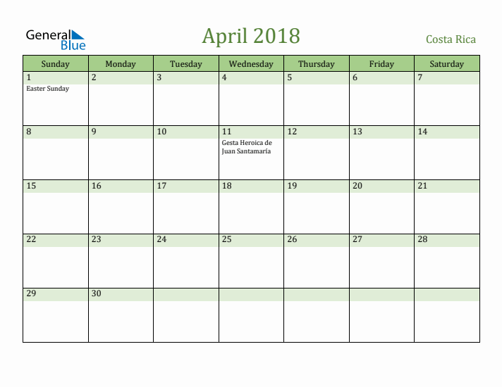 April 2018 Calendar with Costa Rica Holidays