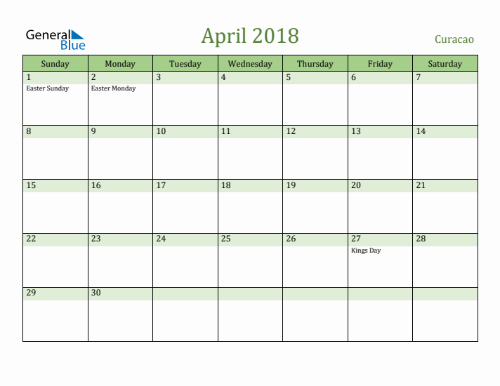 April 2018 Calendar with Curacao Holidays
