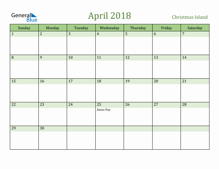 April 2018 Calendar with Christmas Island Holidays