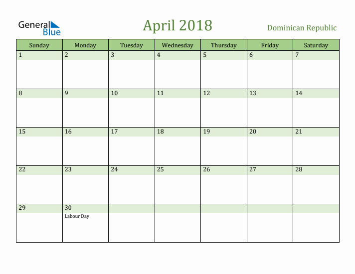 April 2018 Calendar with Dominican Republic Holidays