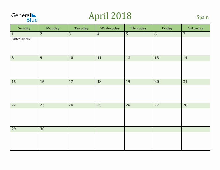 April 2018 Calendar with Spain Holidays