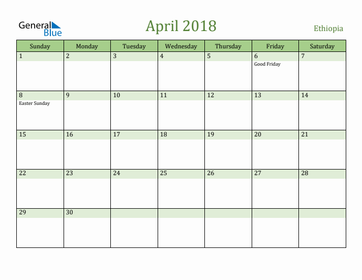 April 2018 Calendar with Ethiopia Holidays
