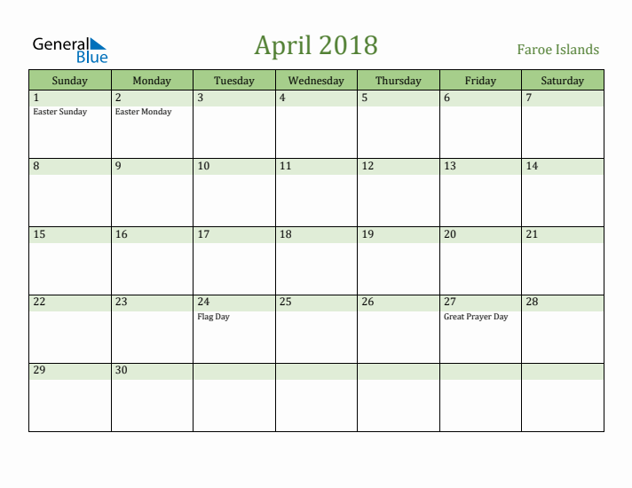April 2018 Calendar with Faroe Islands Holidays