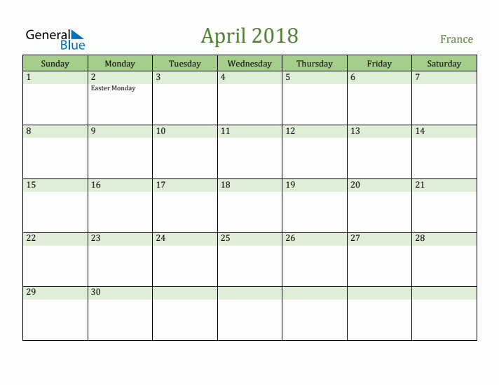 April 2018 Calendar with France Holidays