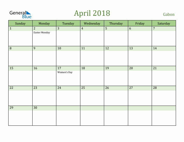 April 2018 Calendar with Gabon Holidays