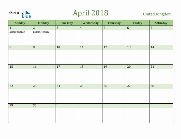April 2018 Calendar with United Kingdom Holidays