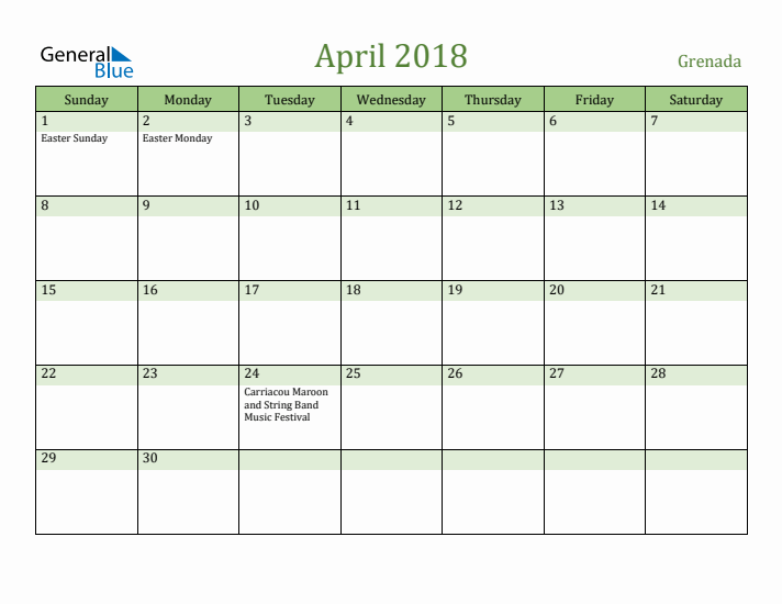 April 2018 Calendar with Grenada Holidays