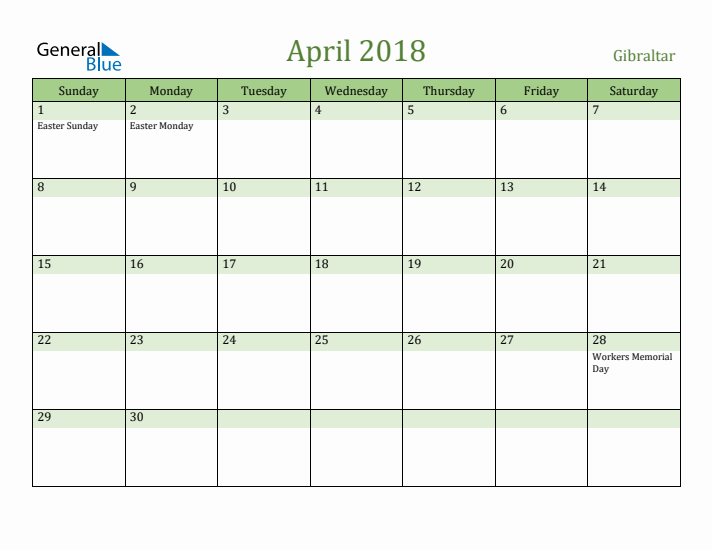 April 2018 Calendar with Gibraltar Holidays