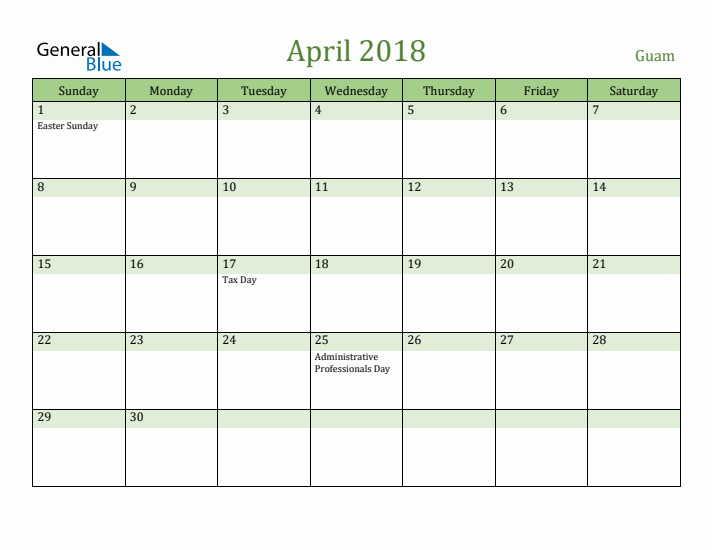 April 2018 Calendar with Guam Holidays