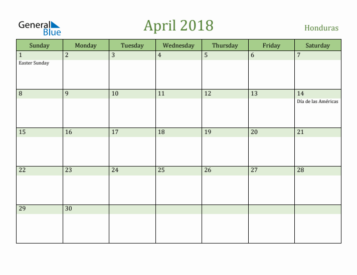 April 2018 Calendar with Honduras Holidays