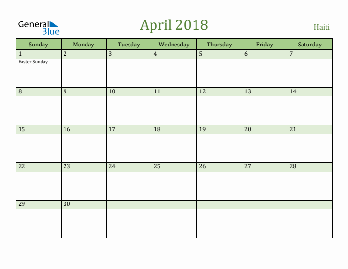 April 2018 Calendar with Haiti Holidays