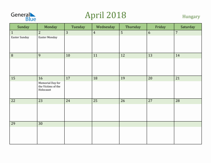 April 2018 Calendar with Hungary Holidays