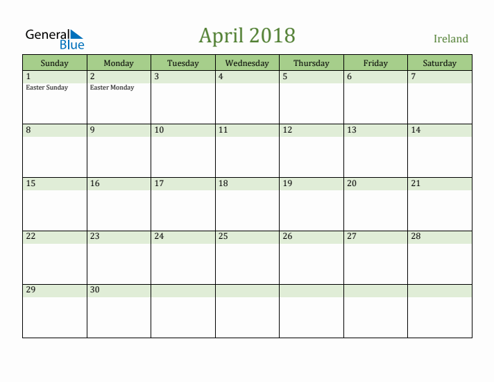 April 2018 Calendar with Ireland Holidays