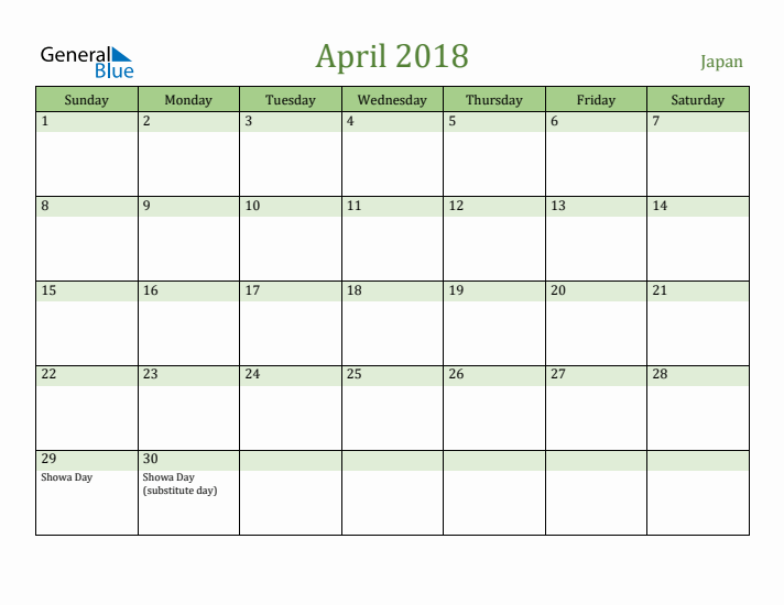 April 2018 Calendar with Japan Holidays