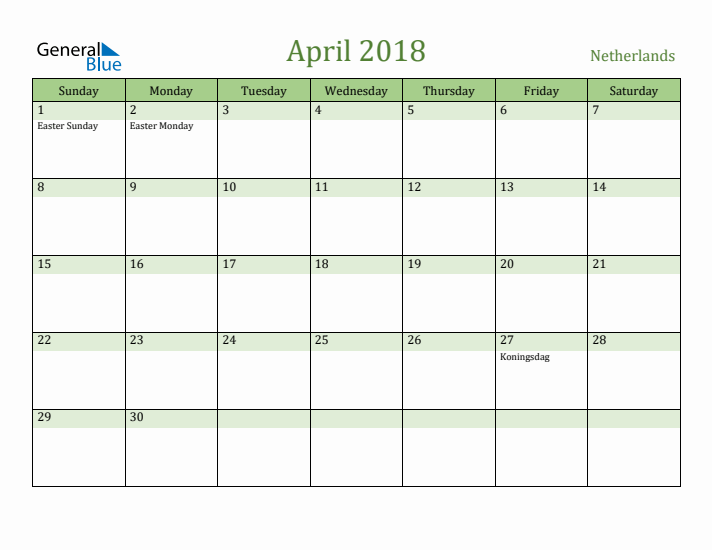 April 2018 Calendar with The Netherlands Holidays