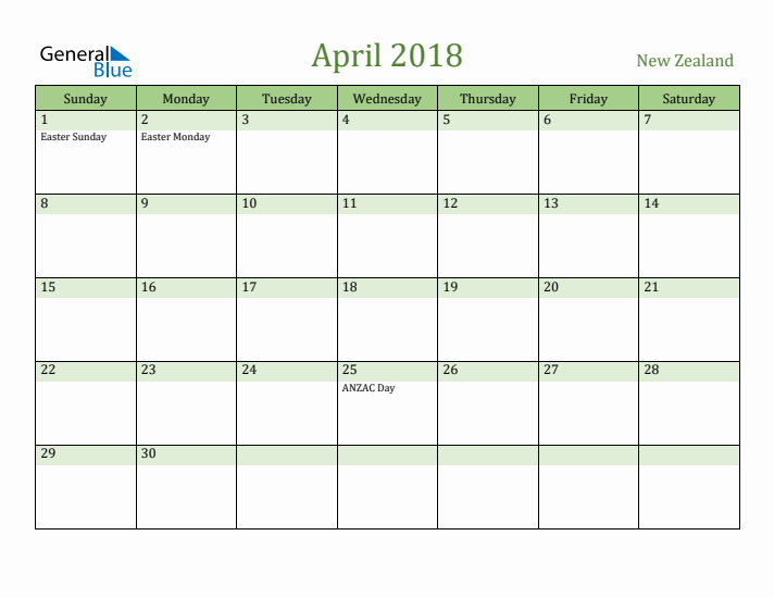 April 2018 Calendar with New Zealand Holidays
