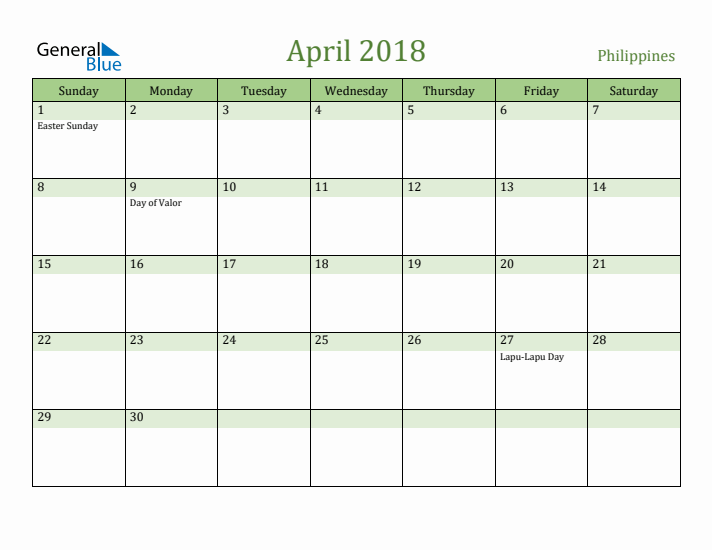 April 2018 Calendar with Philippines Holidays