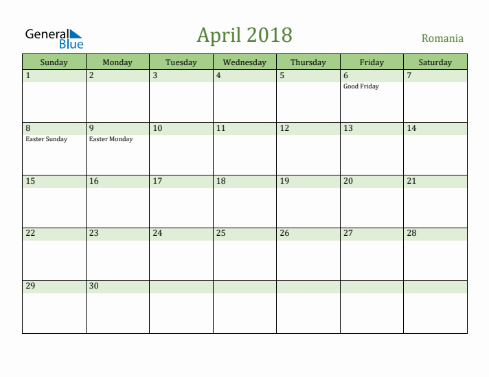 April 2018 Calendar with Romania Holidays