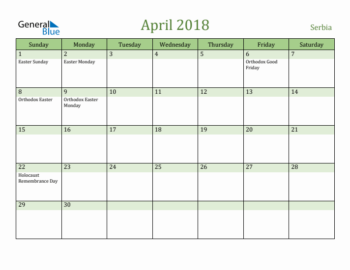 April 2018 Calendar with Serbia Holidays