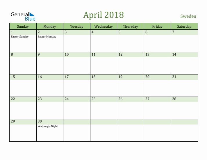 April 2018 Calendar with Sweden Holidays
