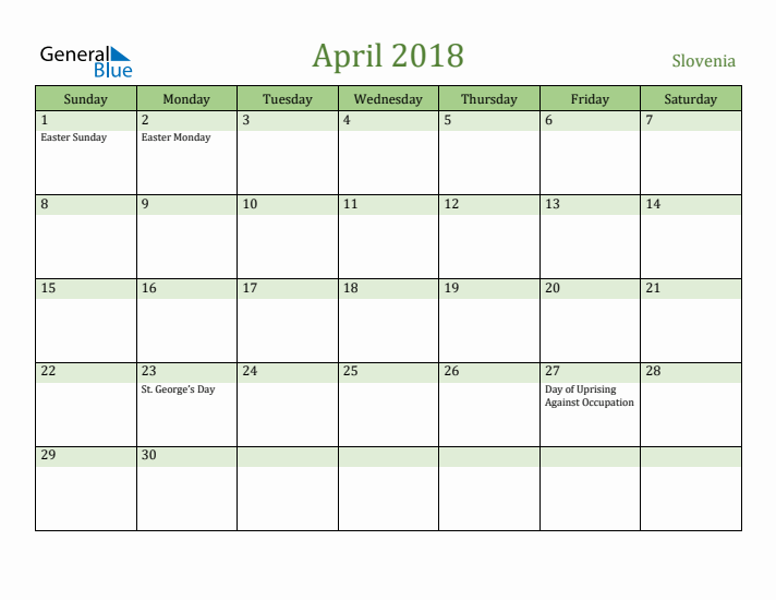 April 2018 Calendar with Slovenia Holidays