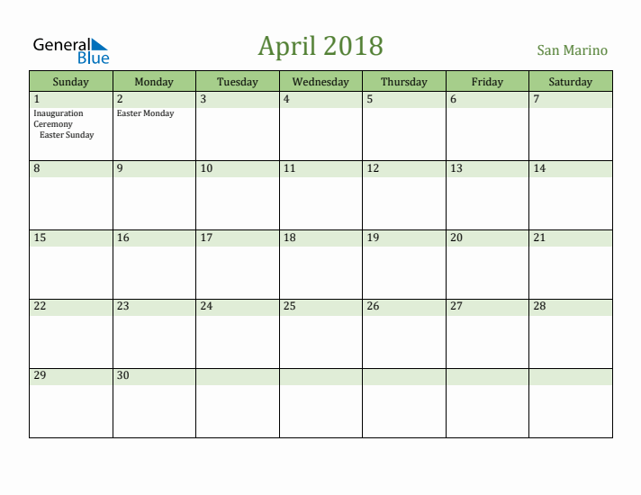 April 2018 Calendar with San Marino Holidays