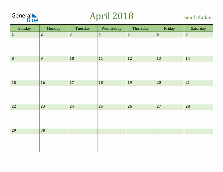 April 2018 Calendar with South Sudan Holidays