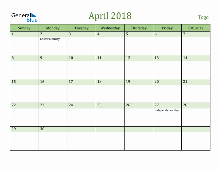 April 2018 Calendar with Togo Holidays