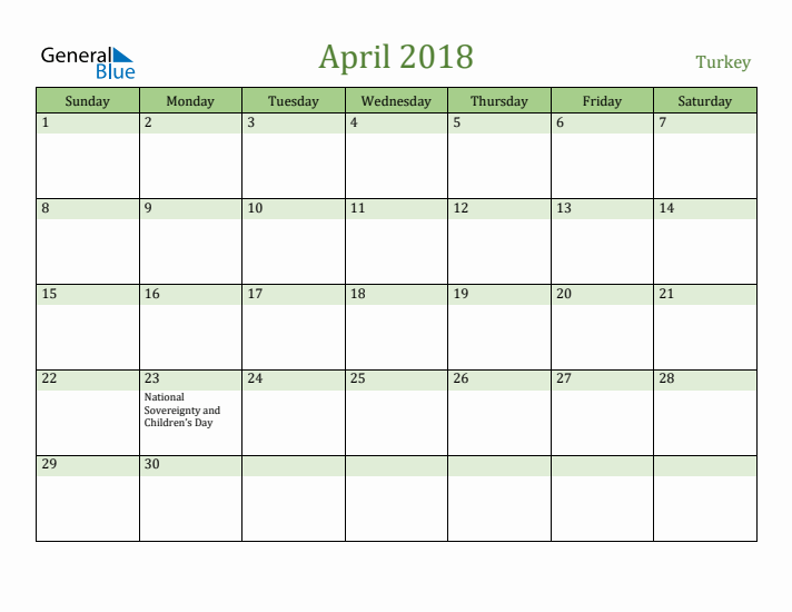 April 2018 Calendar with Turkey Holidays