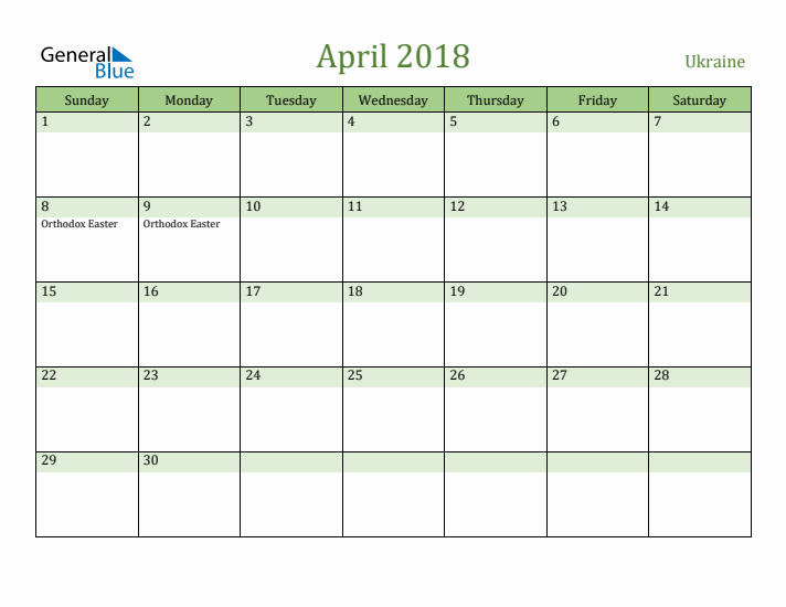 April 2018 Calendar with Ukraine Holidays