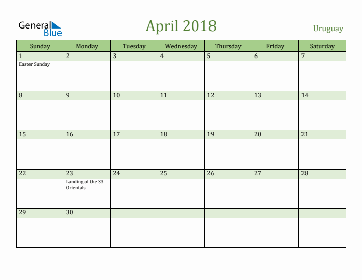 April 2018 Calendar with Uruguay Holidays