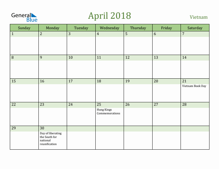 April 2018 Calendar with Vietnam Holidays