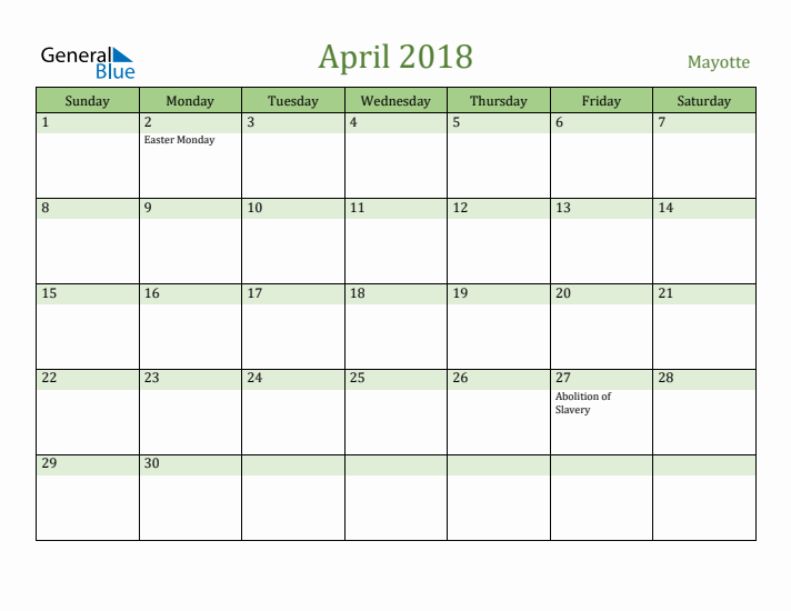 April 2018 Calendar with Mayotte Holidays