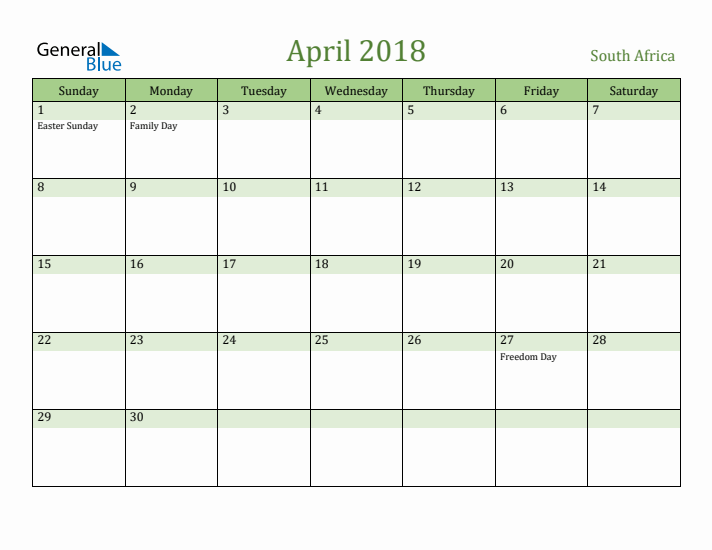 April 2018 Calendar with South Africa Holidays