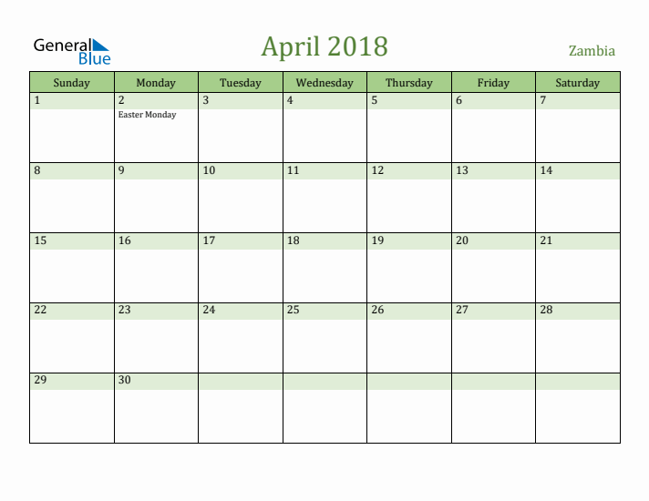 April 2018 Calendar with Zambia Holidays