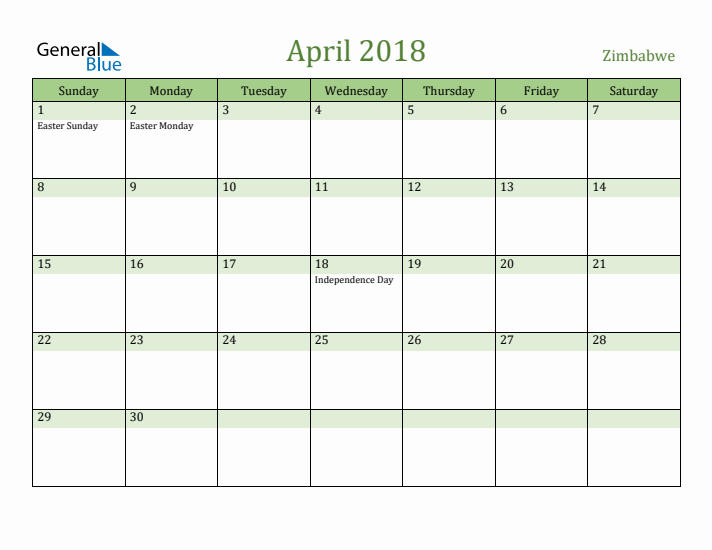 April 2018 Calendar with Zimbabwe Holidays
