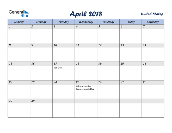 April 2018 Calendar with Holidays