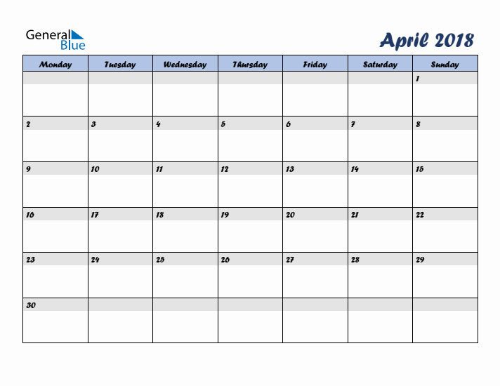 April 2018 Blue Calendar (Monday Start)
