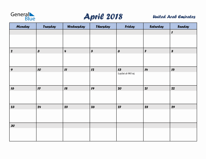 April 2018 Calendar with Holidays in United Arab Emirates