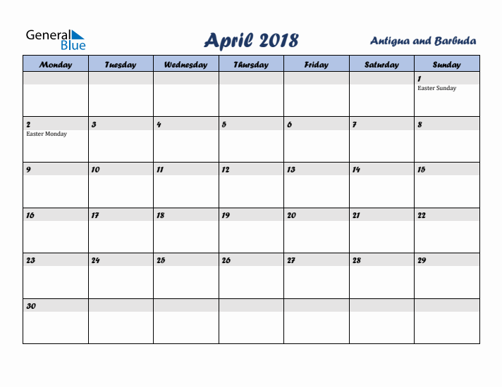 April 2018 Calendar with Holidays in Antigua and Barbuda
