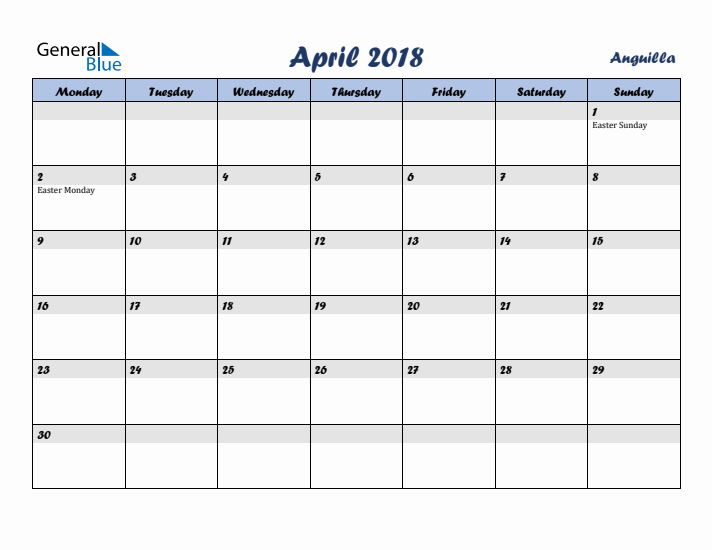 April 2018 Calendar with Holidays in Anguilla